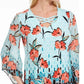JM Collection Women's Gatsby Printed Lattice Neck Top Navy Size Medium