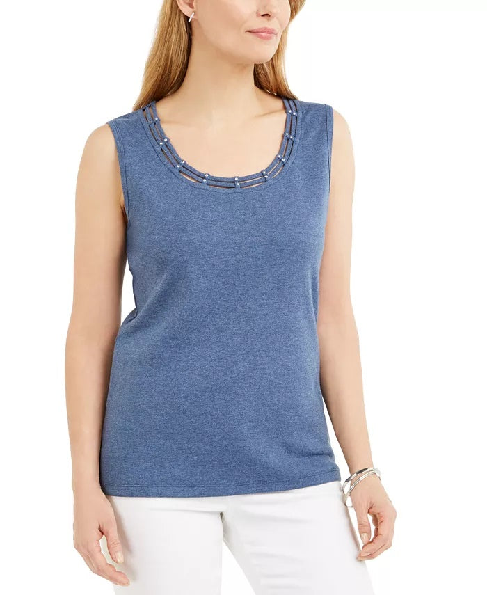 Karen Scott Women's Lattice Neck Tank Top Blue Size X-Small