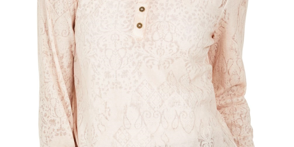 Style & Co Women's Lace Henley Top White Size Large
