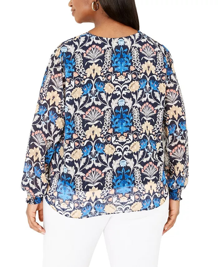 INC International Concepts Women's Plus Button Up Floral Print Top Turq Aqua Size 2X