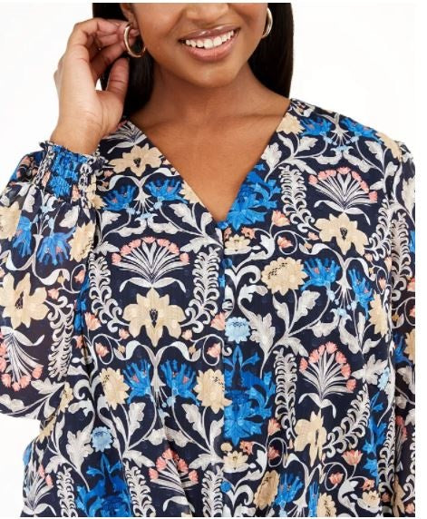 INC International Concepts Women's Plus Button Up Floral Print Top Turq Aqua Size 2X