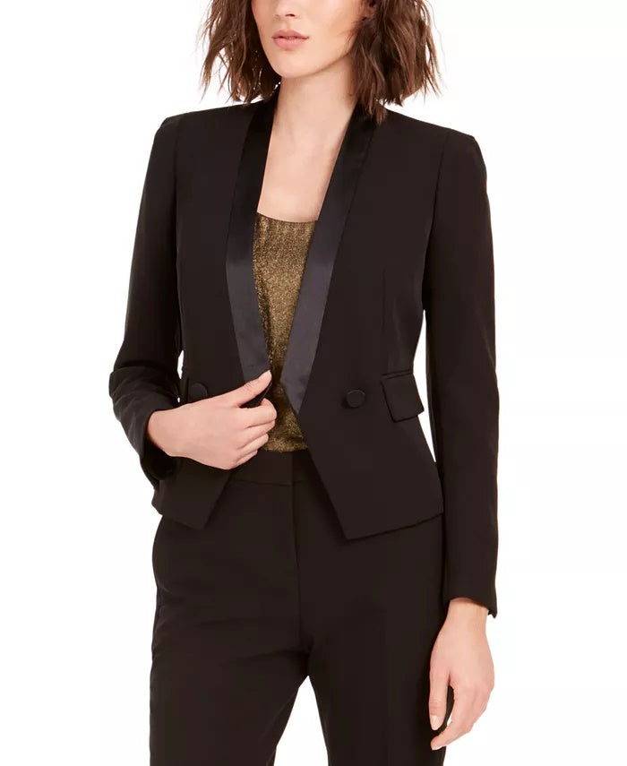 Bar III Women's Tuxedo Satin-Trim Open-Front Double-Breasted Blazer Black Size 12