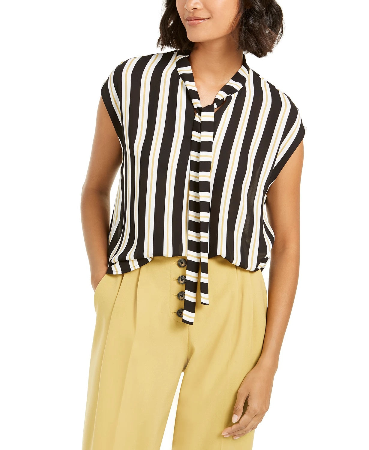 Bar III Women's Striped Tie Neck Blouse Black Size Small
