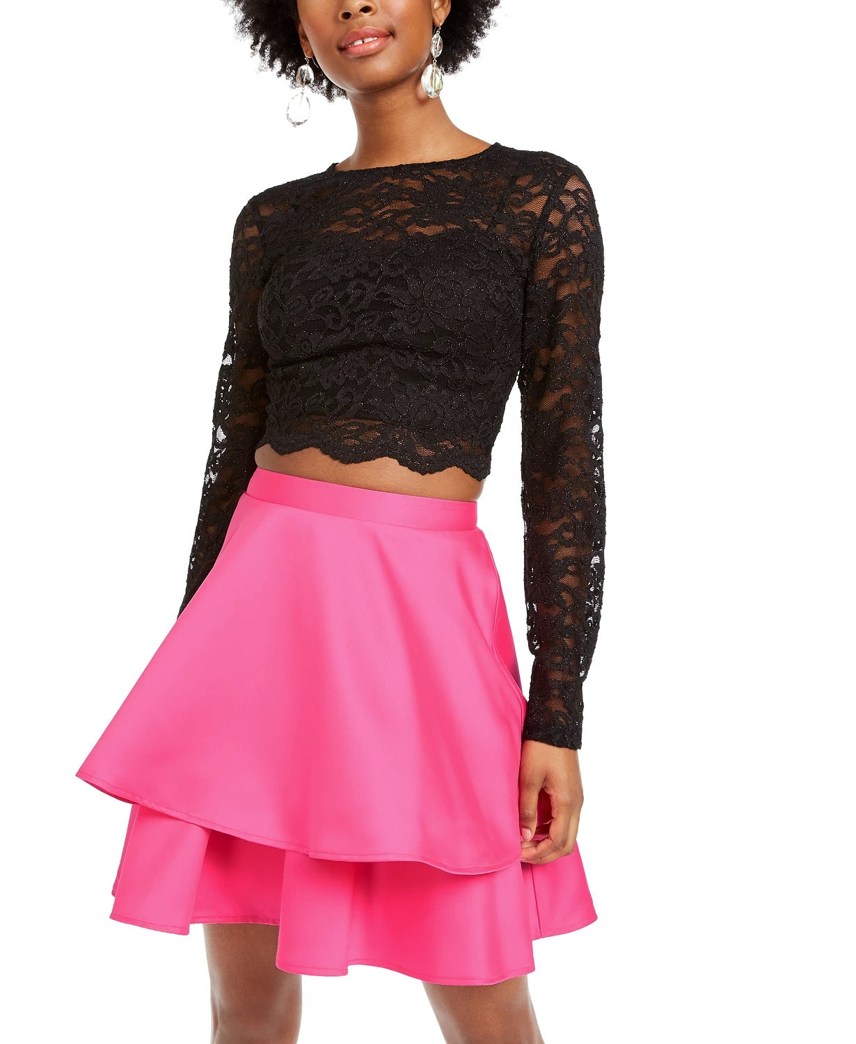 City Studios Junior's 2 Pc Lace Top & Satin Skirt Dress Pink Size 5