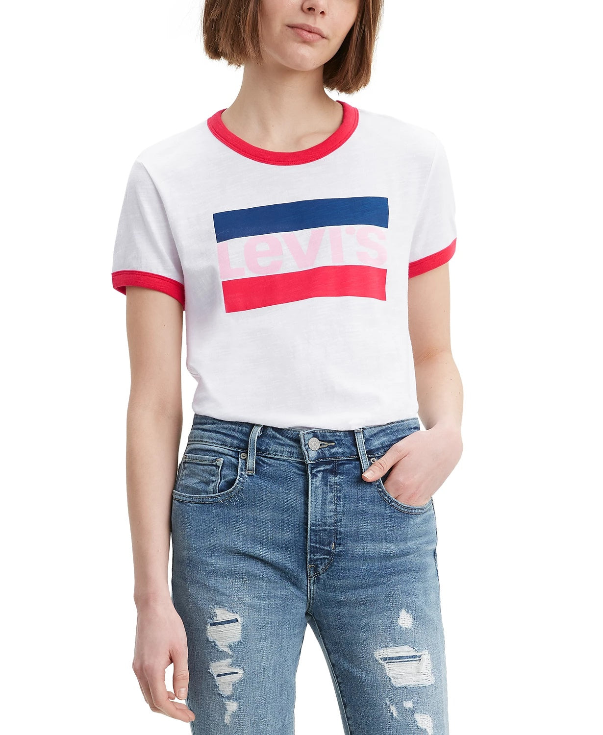 Levi's Women's Cotton Logo Ringer T-Shirt White Size X-Large