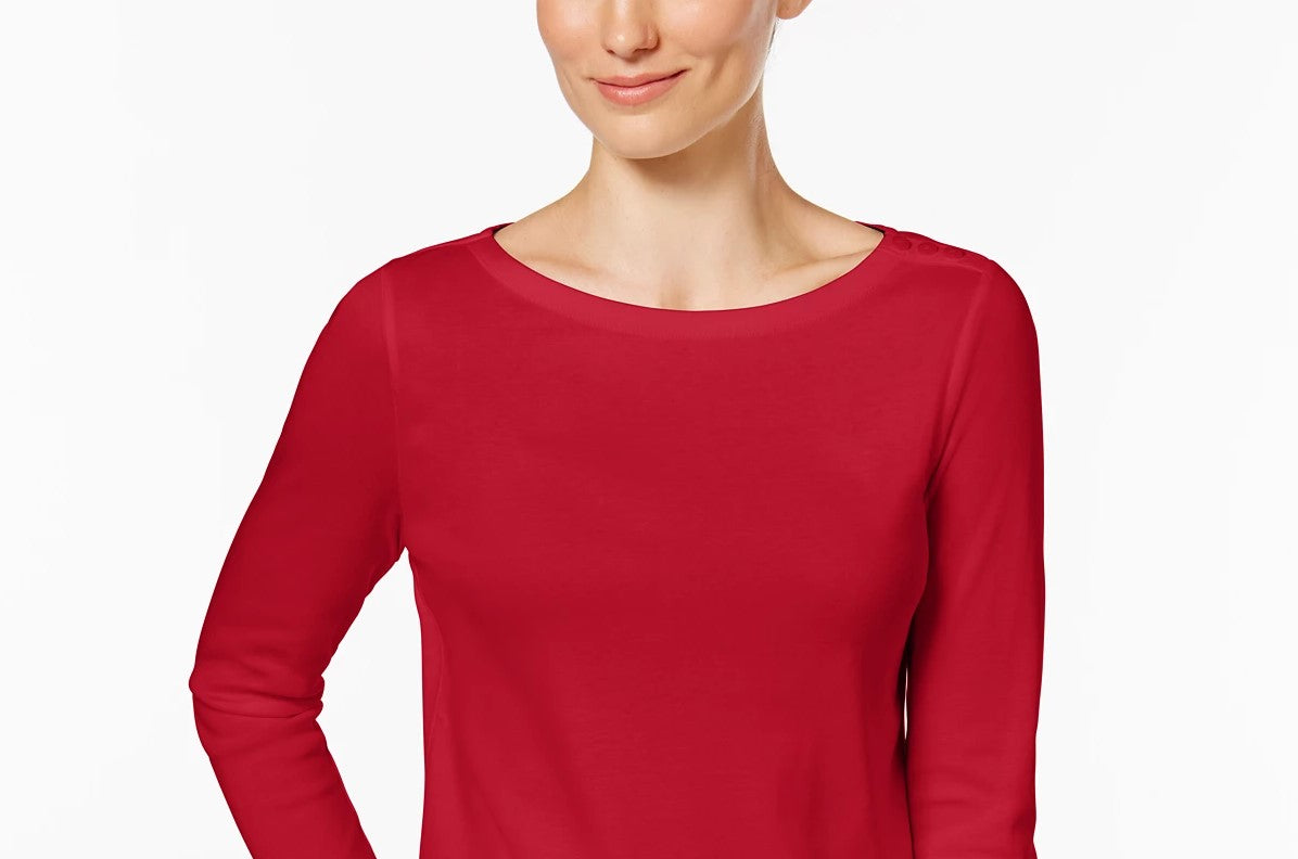 Charter Club Women's Petite Pima Cotton Button-Shoulder Top Red Size Petite