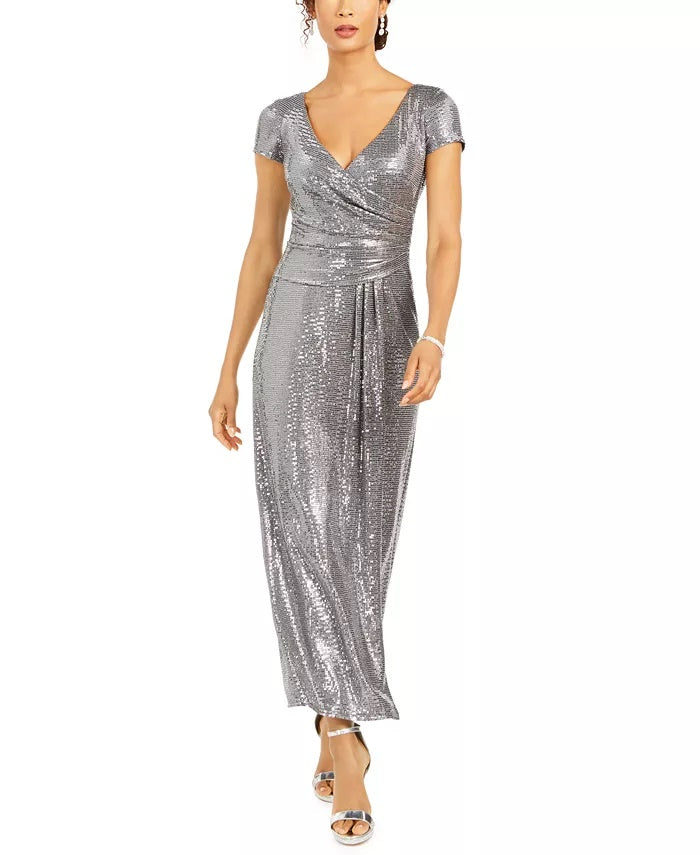 R & M Richards Women's Sequined Draped Sheath Dress Silver Size 1