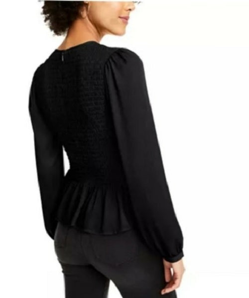 LEYDEN Women's Smocked Peplum Blouse Black Size Small