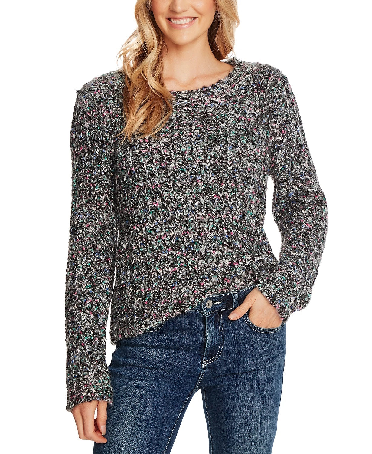 Cece Women's Long Sleeve Multicolor Crew Neck Sweater Rich Black Grey Size Medium