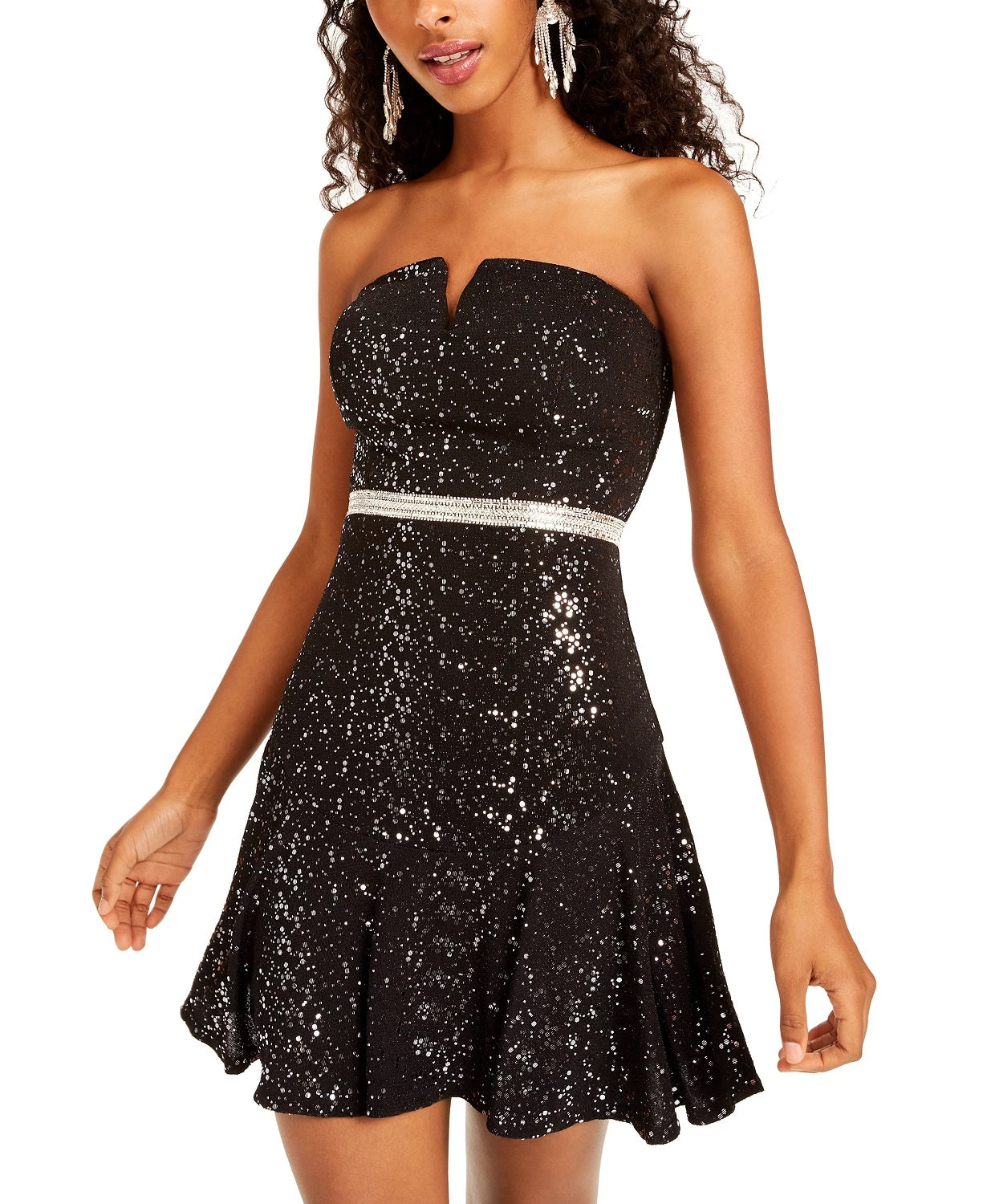 City Studios Juniors' Sequined Strapless Fit & Flare Dress Silver Size 13
