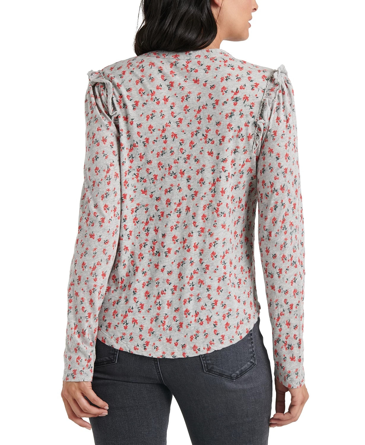 Lucky Brand Women's Floral Print Ruffle Henley Red Size Large