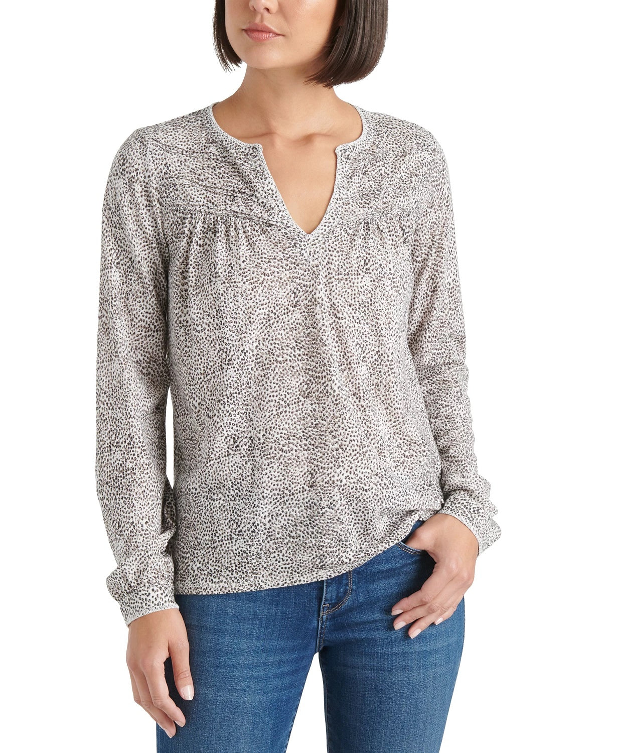 Lucky Brand Women's Cotton Animal-Print Peasant Top White Size Extra Large