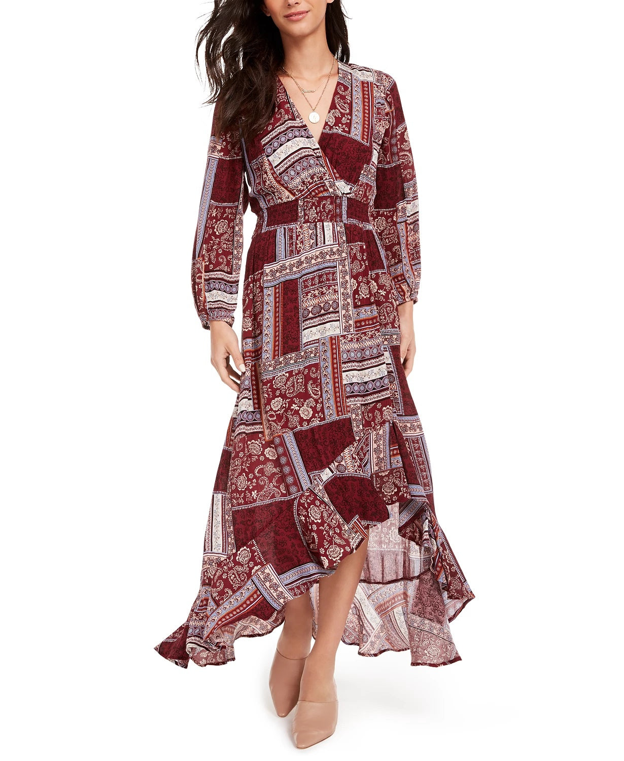 American Rag Junior's Printed Surplice Maxi Dress Dark Red Size Small