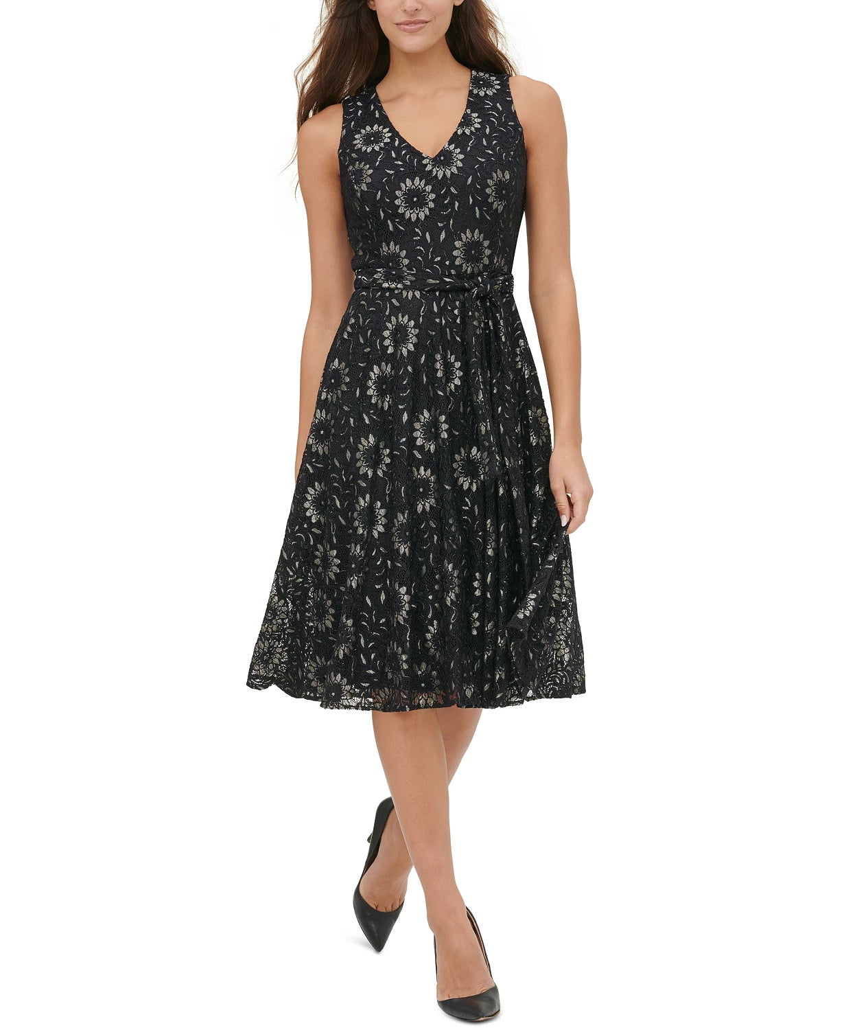 Tommy Hilfiger Women's Floral Lace Fit & Flare Dress Gray Size 6