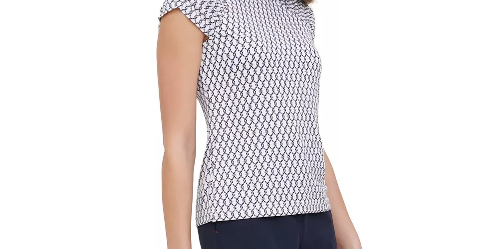 Tommy Hilfiger Women's Printed Ruched Sleeve Top White Size Small