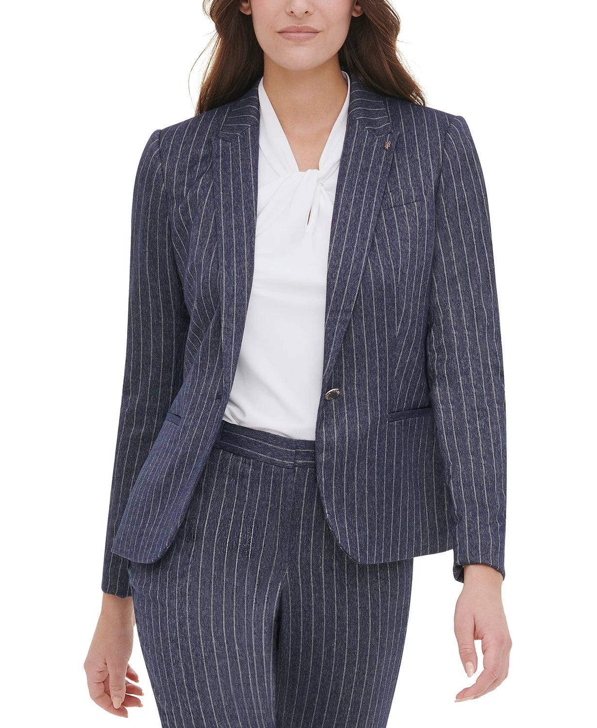 Tommy Hilfiger Women's Pinstripe Peak-Lapel Blazer Navy Size 8