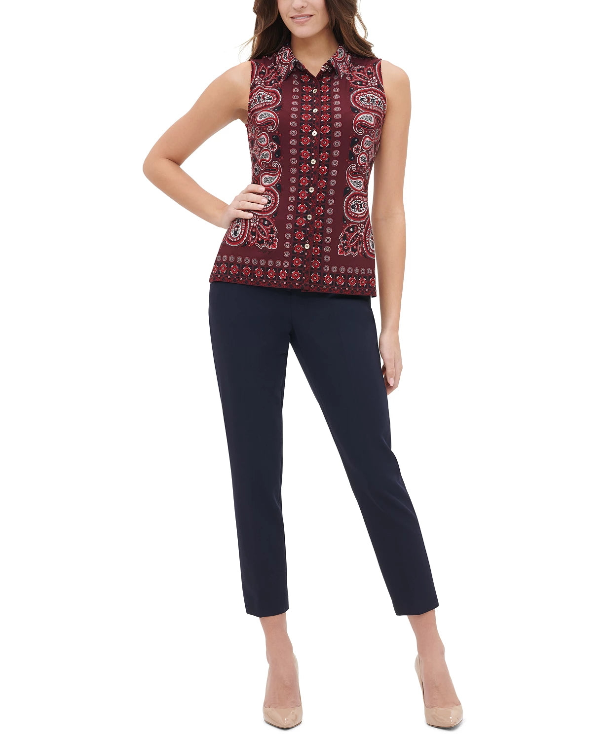 Tommy Hilfiger Women's Paisley Button Up Collared Blouse Red Size X-Large