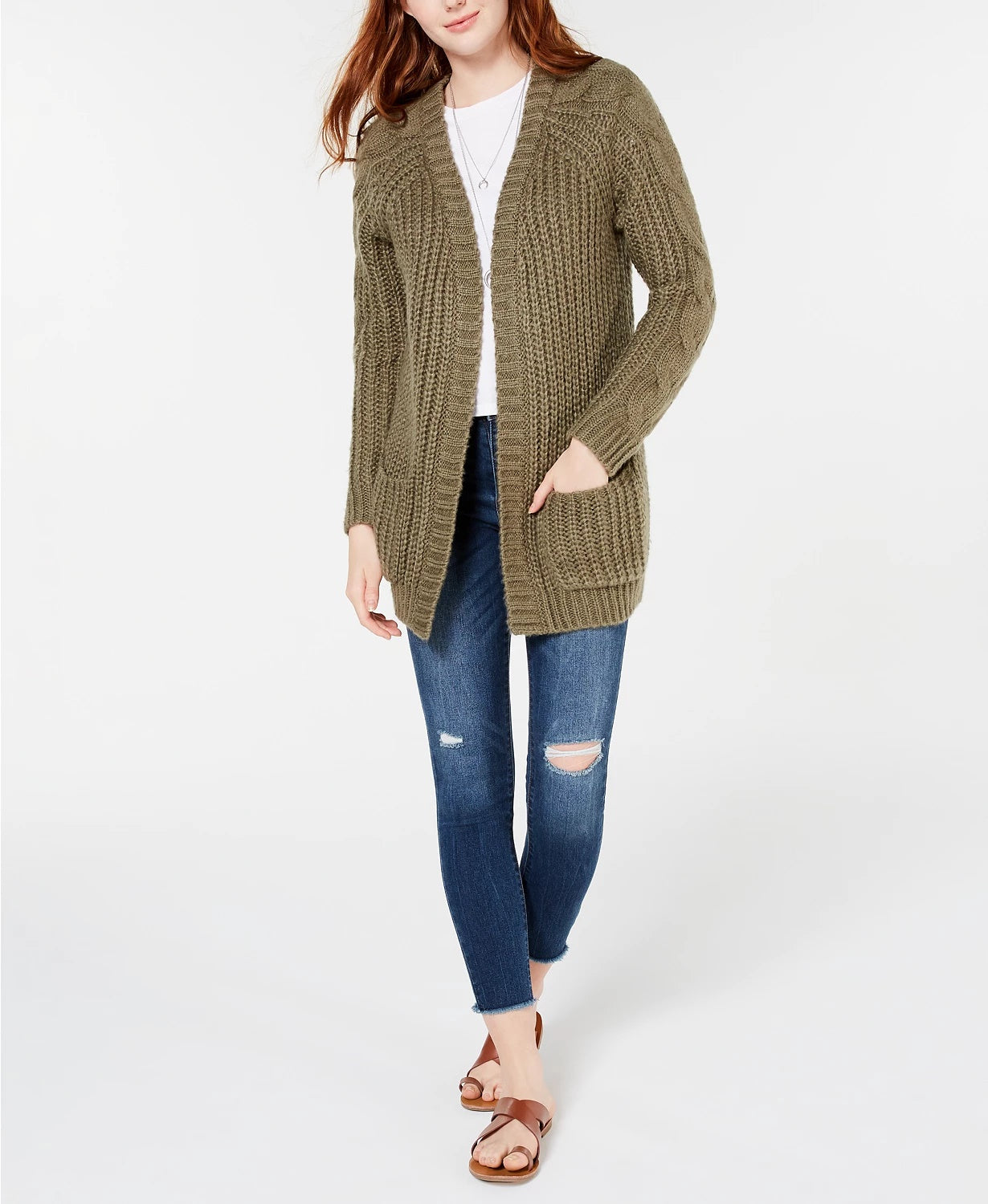 Hippie Rose Junior's Cable Knit Cardigan Brown Size X-Large
