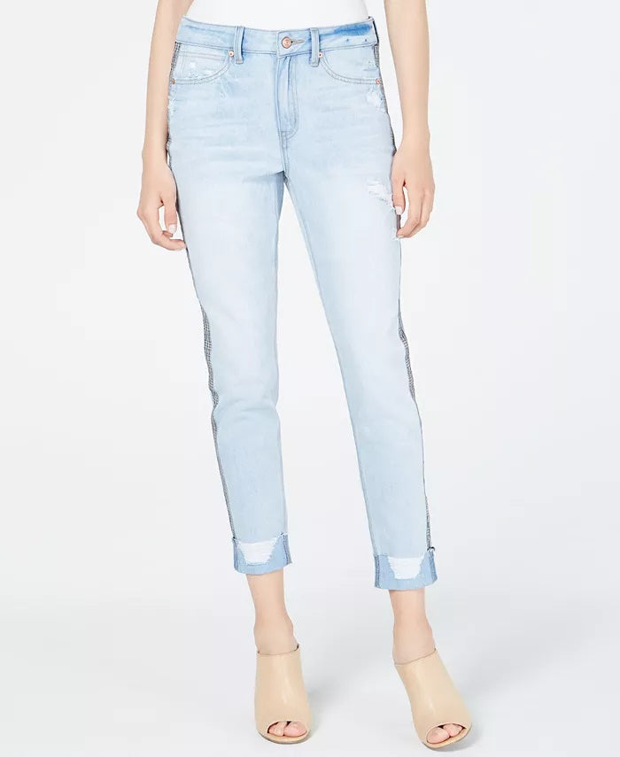 Rewash Junior's Ripped Herringbone Contrast Skinny Jeans Blue Size 9