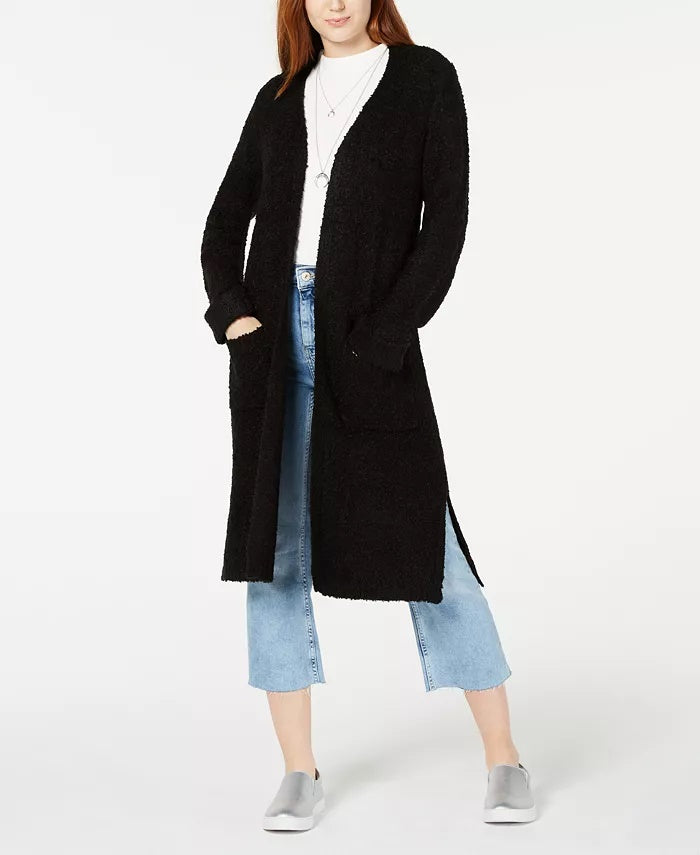 Hooked Up By Iot Juniors' Textured Duster Cardigan Black Size Small