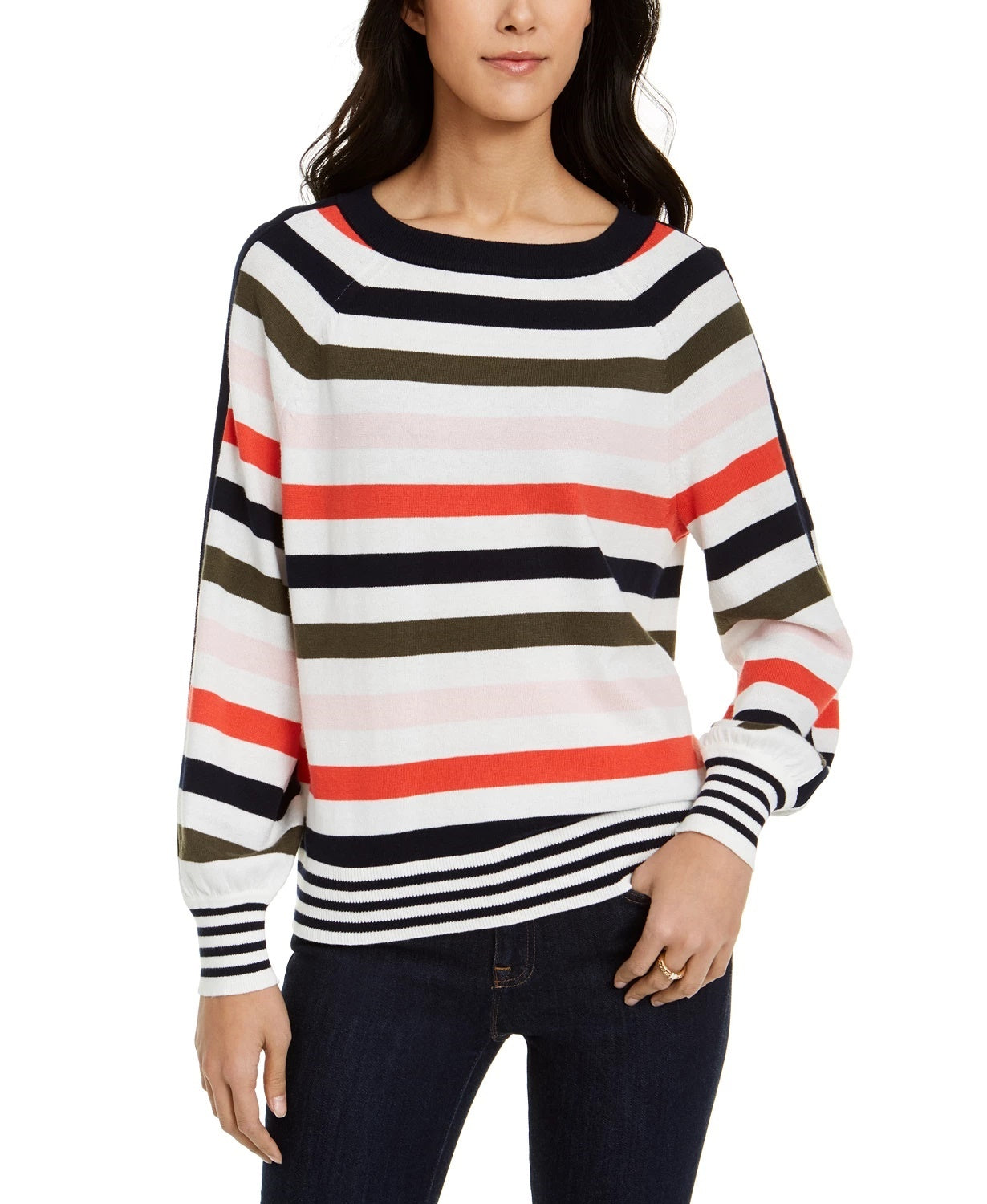 Tommy Hilfiger Women's Striped Balloon-Sleeve Sweater White Size Extra Small