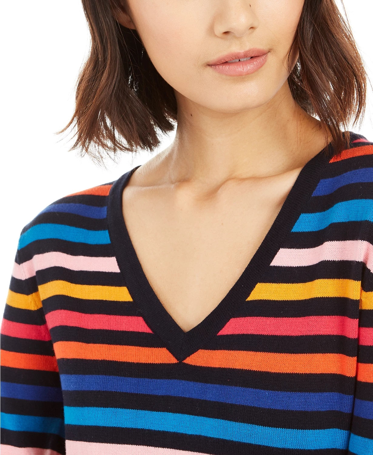 Tommy Hilfiger Women's Cotton Striped V Neck Sweater Blue Size Large