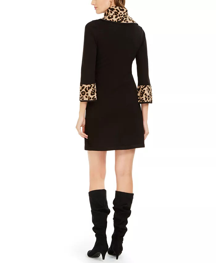 Jessica Howard Women's Animal Print Trim Sweater Dress Black Size Large