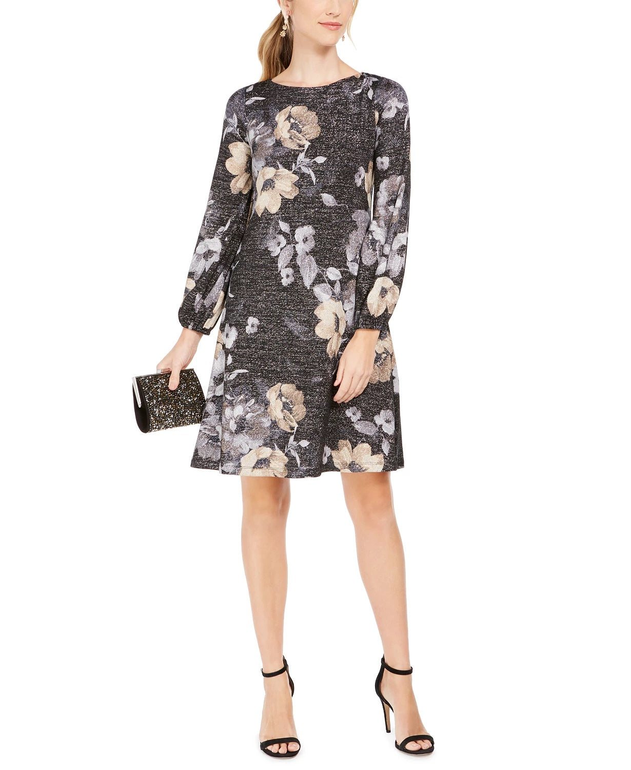 Jessica Howard Women's Metallic Floral Print Dress Charcoal Size 1