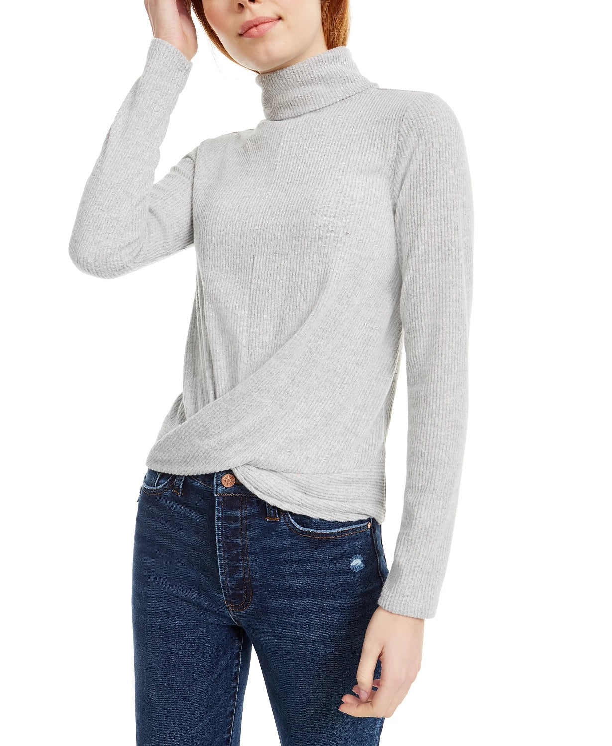 Crave Fame Juniors' Cozy Twist-Front Turtleneck Top Silver Size X-Small