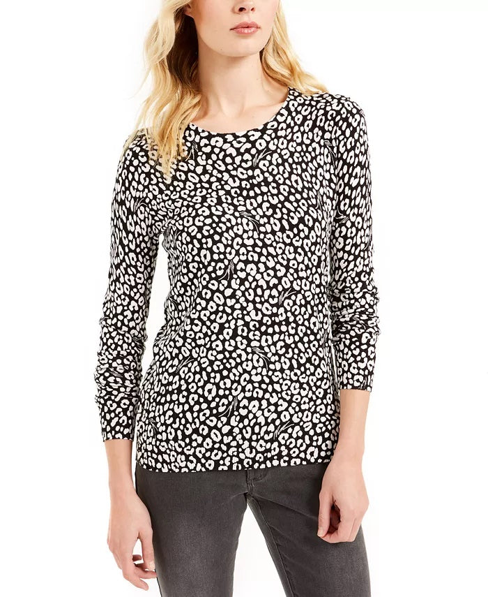 Michael Kors Women's Black Animal Print 3/4 Sleeve Scoop Neck Sweater White Size Small