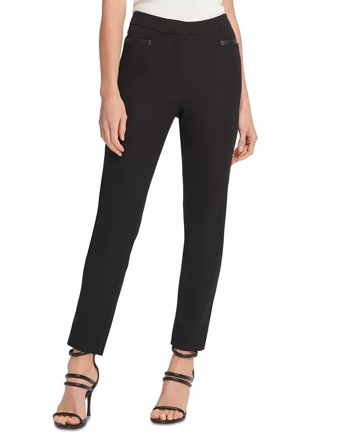 DKNY Women Faux Leather Trim Straight Leg Trousers Black Size 4