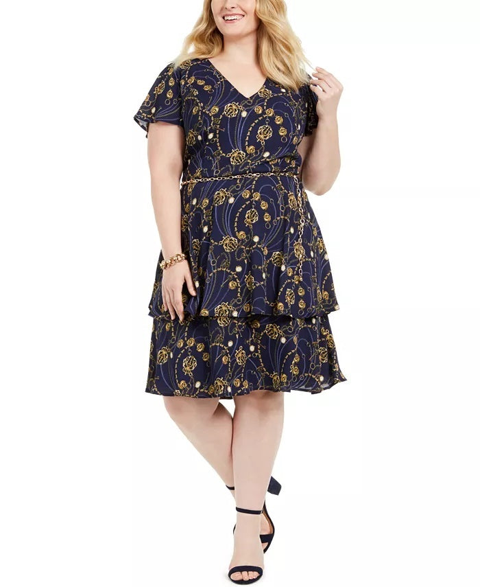 Teeze Me Junior's Plus Printed Belted Fit & Flare Dress Navy Size 16
