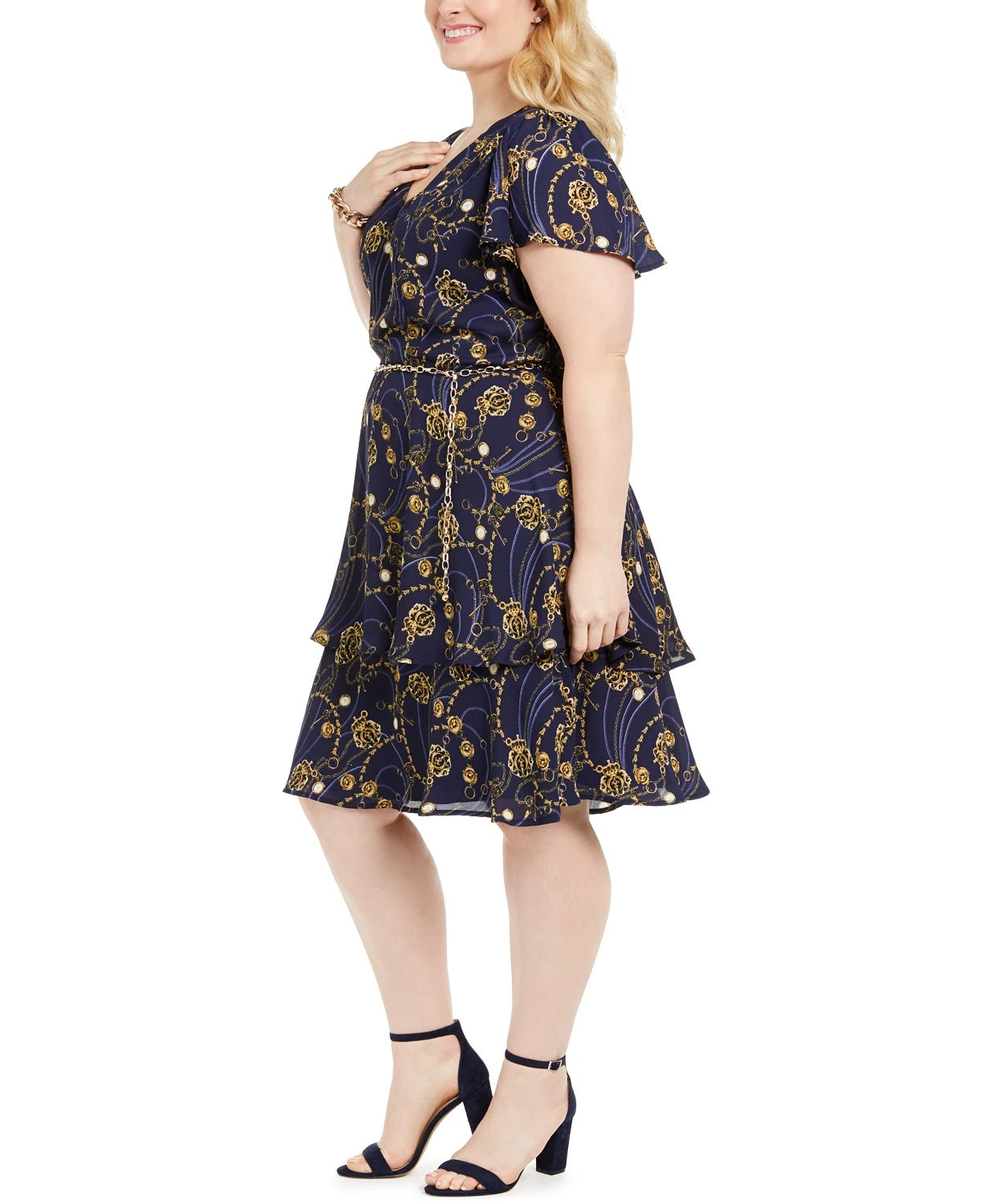 Teeze Me Junior's Plus Printed Belted Fit & Flare Dress Navy Size 16