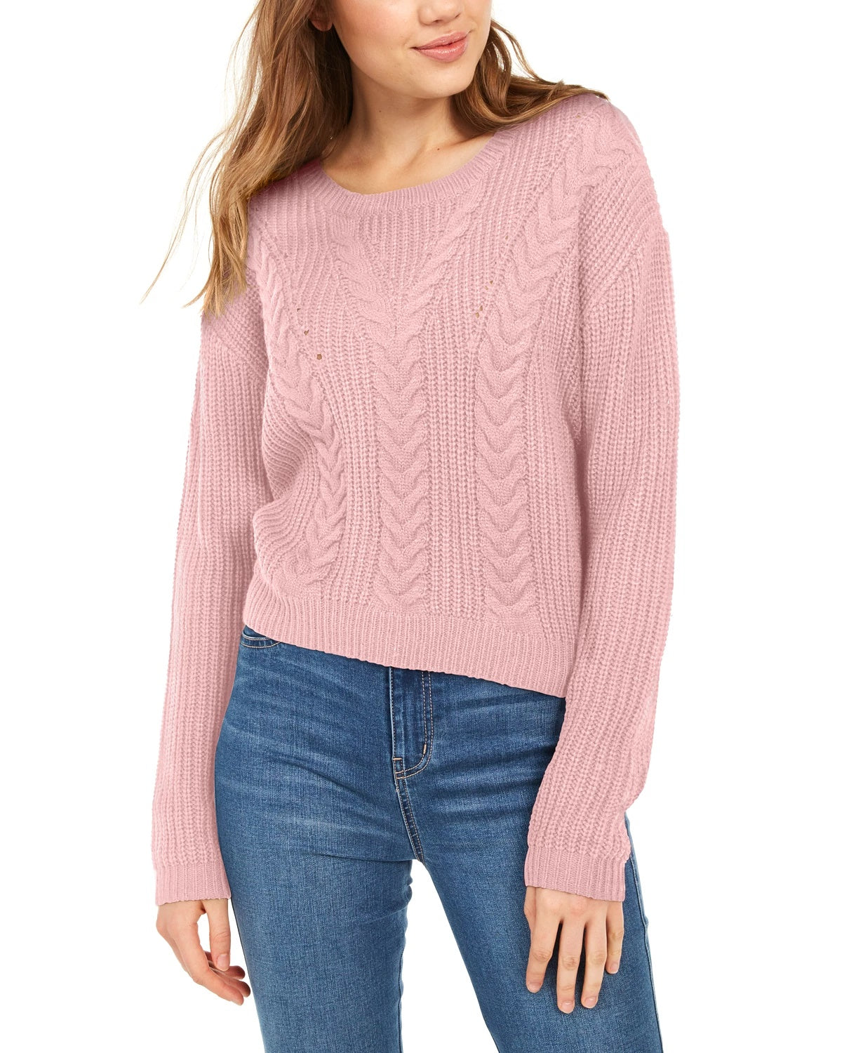 Crave Fame Women's Lace Up Back Cable Sweater Pink Size X-Large