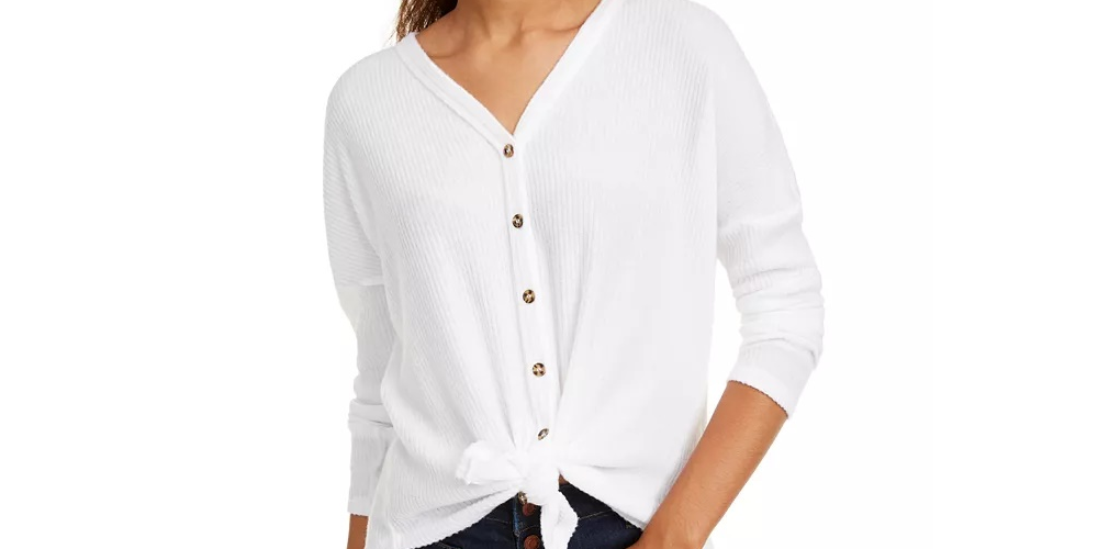 Ultra Flirt Juniors' Cozy Ribbed Tie-Front Top White Size Medium