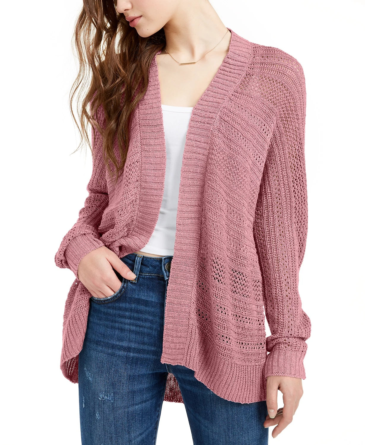 Ultra Flirt Juniors' Mixed-Knit Chenille Cardigan Pink Size X-Small