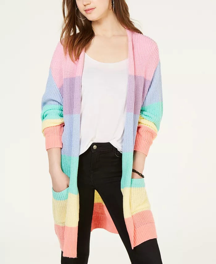 Ultra Flirt Juniors' Rainbow Stripe Shaker-Stitch Cardigan Pink Size Medium