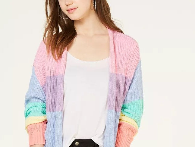Ultra Flirt Juniors' Rainbow Stripe Shaker-Stitch Cardigan Pink Size Medium