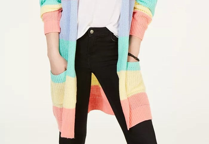Ultra Flirt Juniors' Rainbow Stripe Shaker-Stitch Cardigan Pink Size Medium