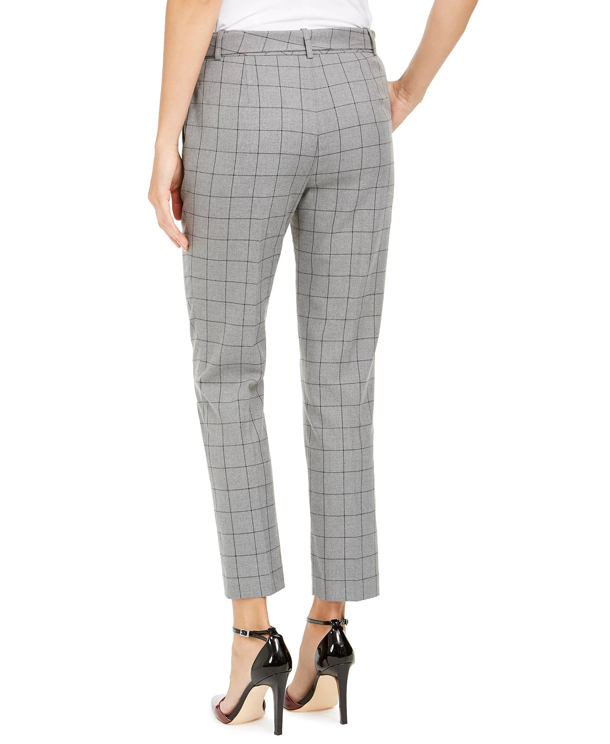 Calvin Klein Women's Windowpane-Print Belted Pants Gray Size 12
