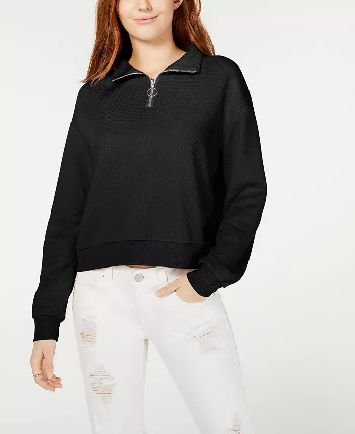 Crave Fame Junior's Waffle Knit Quarter Zip Top Black Size Large