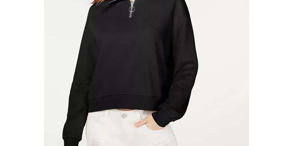 Crave Fame Junior's Waffle Knit Quarter Zip Top Black Size Large