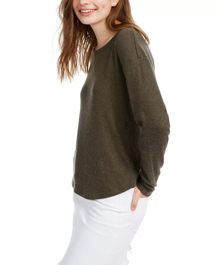 Crave Fame Juniors' Cozy Twist-Back Ribbed Top Green Size Medium