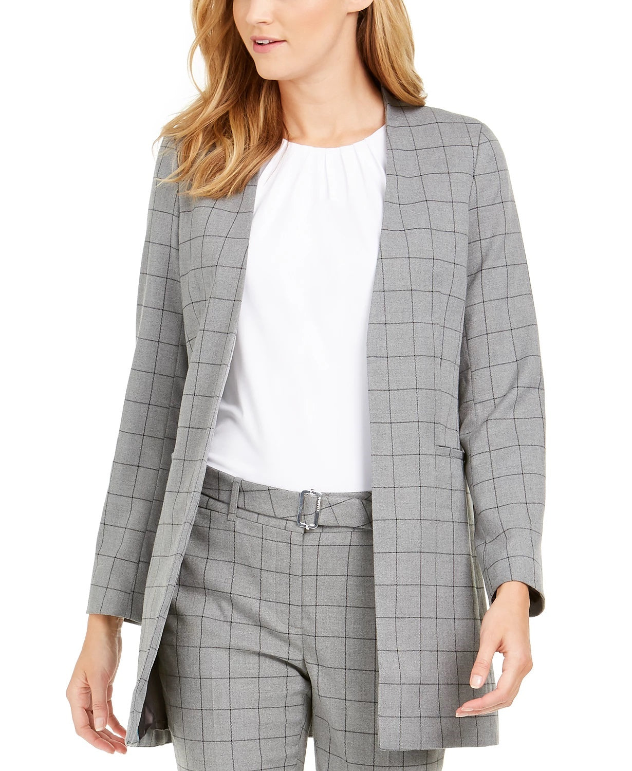 Calvin Klein Women's Petite Collarless Plaid Topper Jacket Grey Size 1
