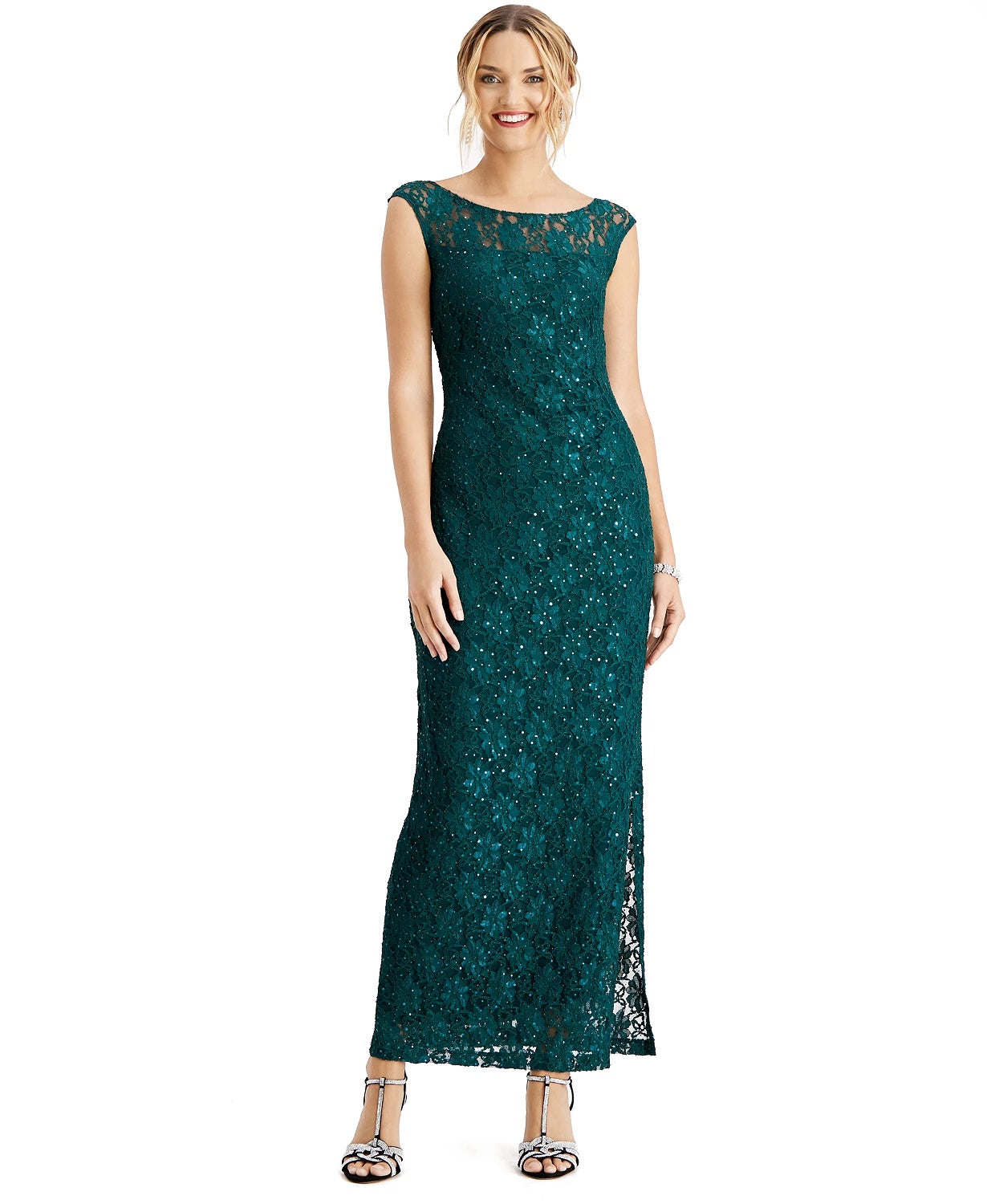 Connected Women's Sequined Lace Slit Gown Dark Green Size 16