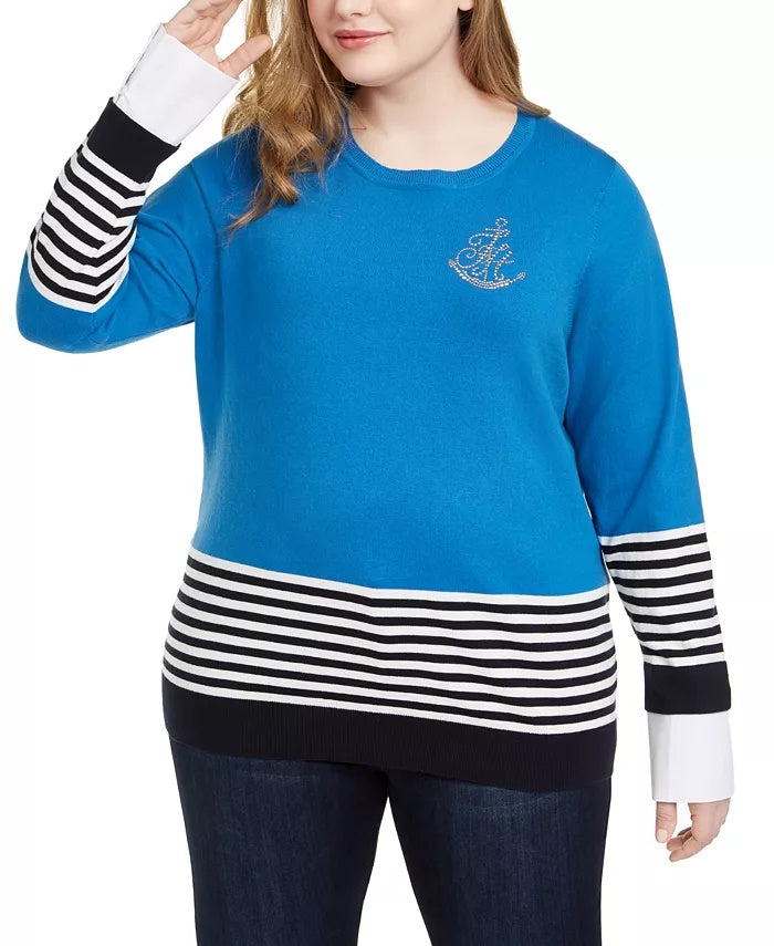 Tommy Hilfiger Women's Cotton Striped Embellished Sweater Blue Size 3X