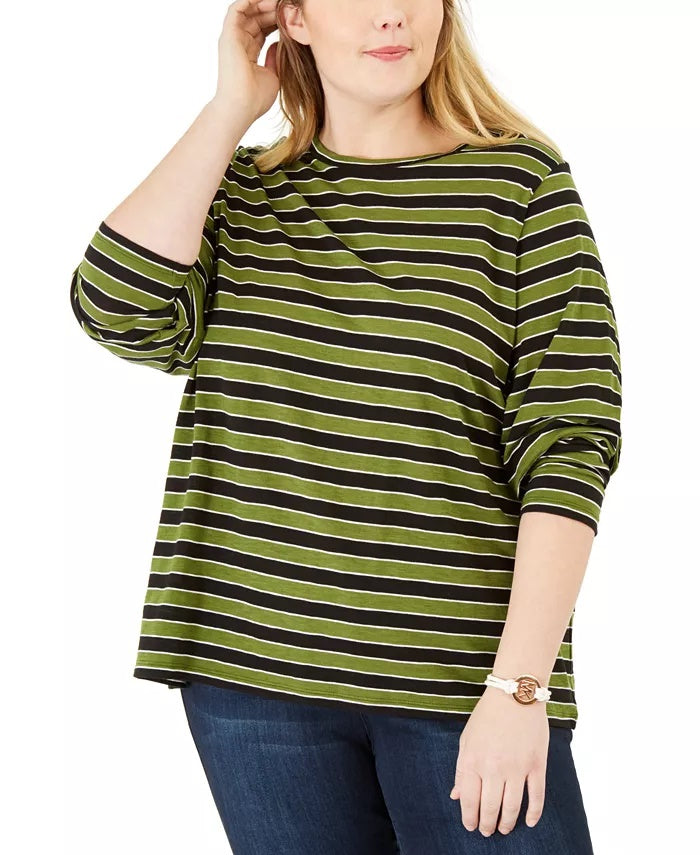 Michael Kors Women's Plus Striped Crewneck T-Shirt Green Size 2X