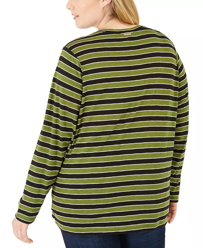 Michael Kors Women's Plus Striped Crewneck T-Shirt Green Size 2X