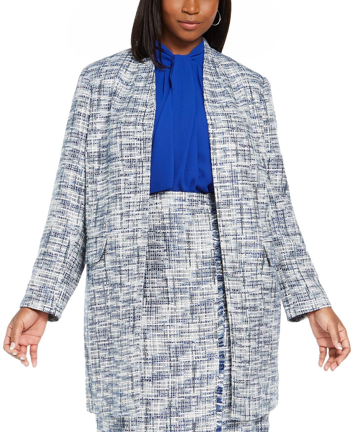 Calvin Klein Women's Tweed Open Front Topper Jacket Blue Size Petite Small
