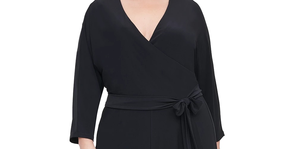 Tommy Hilfiger Women's Plus Size Surplice Wide-Leg Jumpsuit Black Size 18W